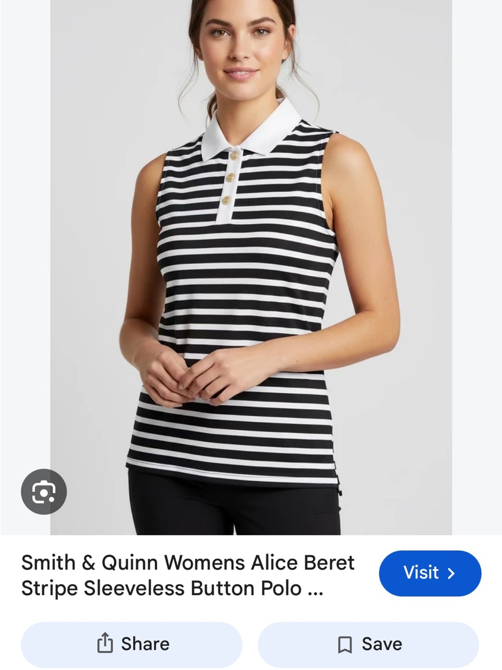 Sleeveless Black & White Striped Polo Tank with Contrast Collar